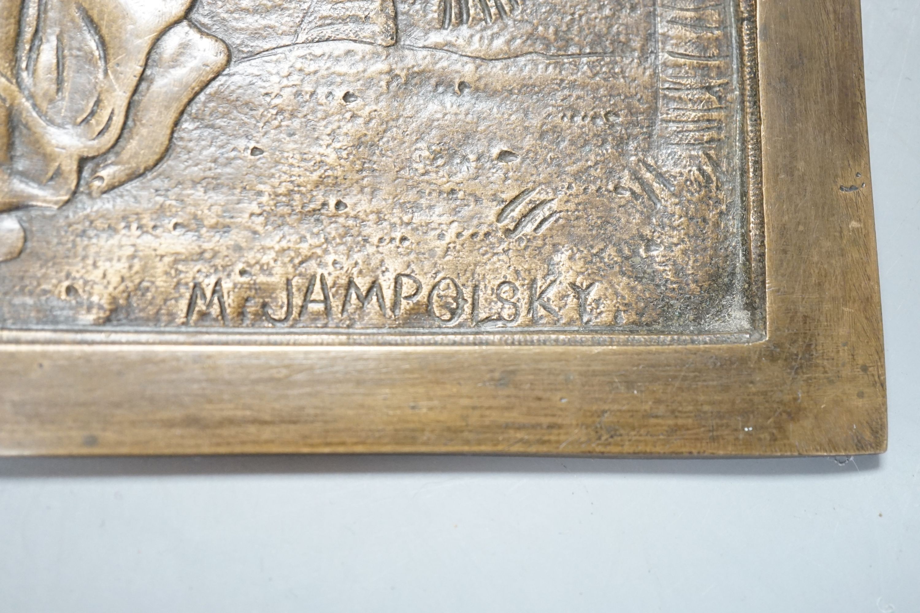 A signed M Jampolsky, Art Nouveau rectangular figural bronze plaque, 36.5 cms wide x 8 cms high.